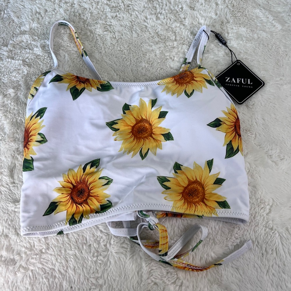 Zaful Sunflower Print Bikini Top White Yellow Floral Lace Up Back Size Small NWT